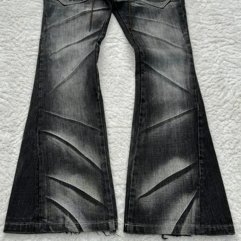 Y2K Distressed Flare Jeans Gothic Men Double Waist Lace Up Denim Pants Retro Washed Scratches Streetwear Unisex Bootcut Jeans