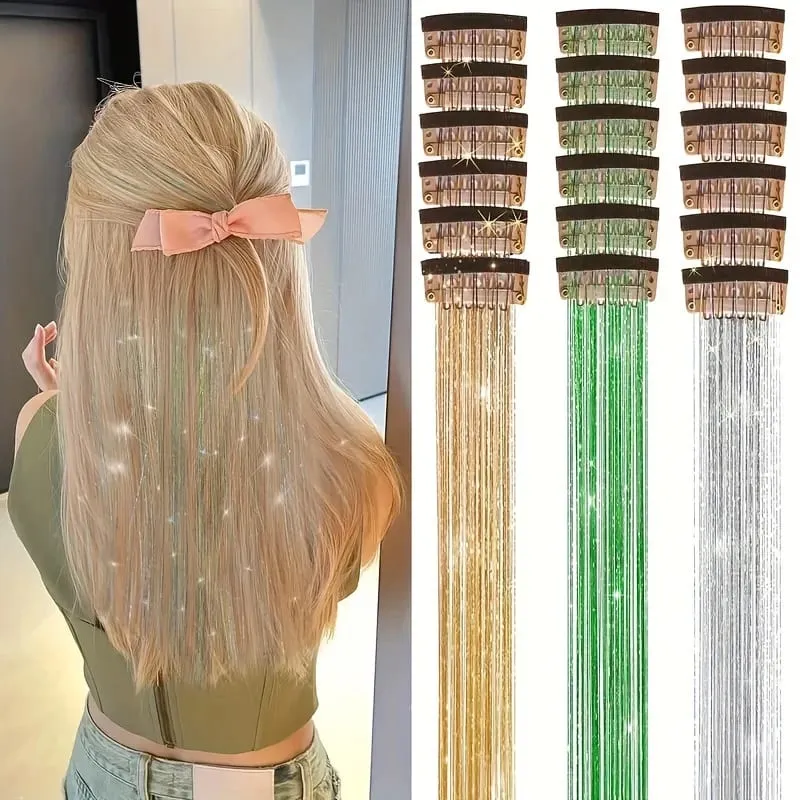 12pcs Per Pack of BB Hair Clips Shiny Metallic Hair Extensions with Clips Synthetic Hair Sparkling Hair Accessories for Women