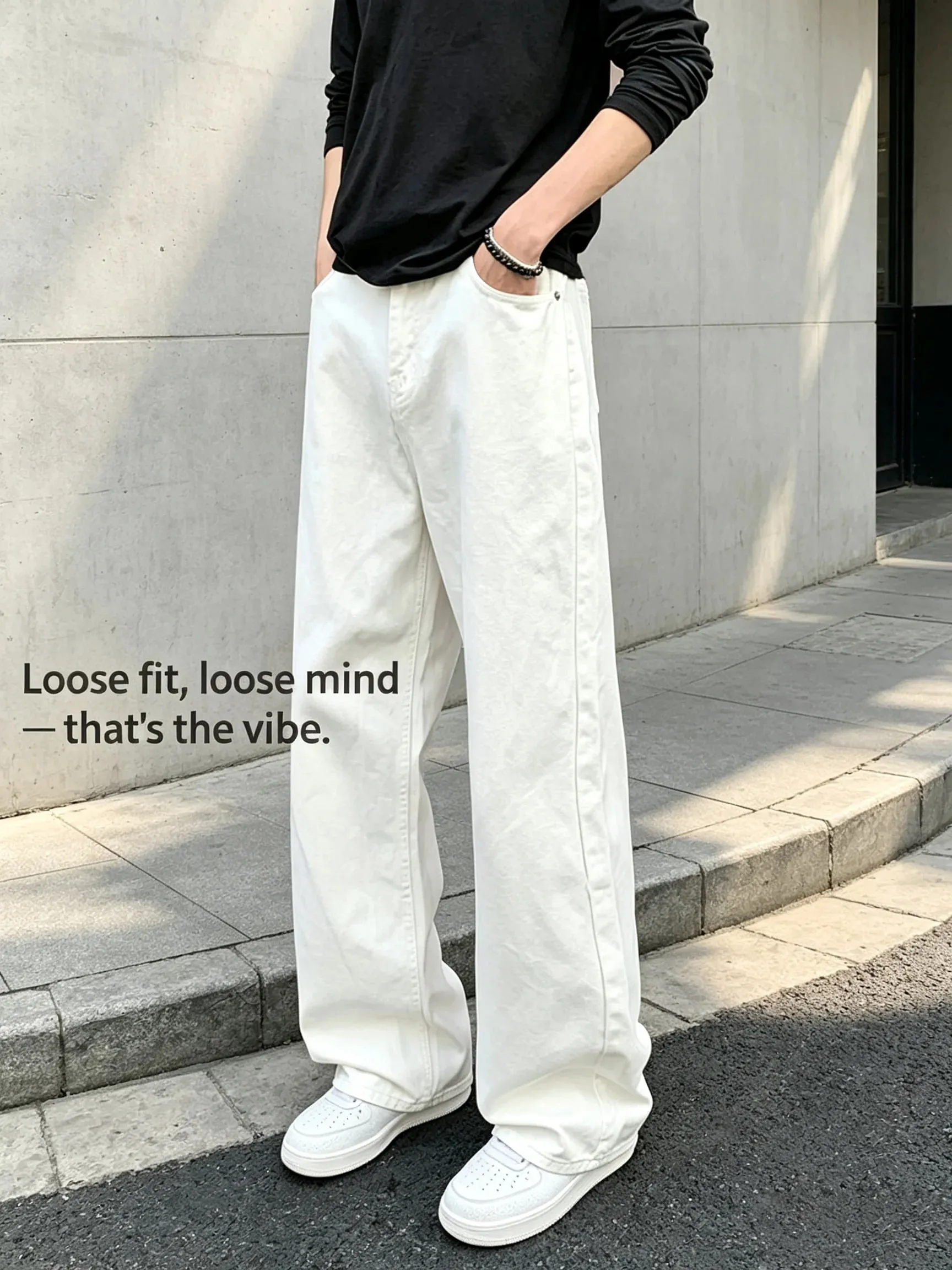 Baggy Jeans for Men Retro Style Solid White Loose Wide Leg Denim Trousers Men Casual Daily Streetwear Washed Men's Jeans Pants — image 1