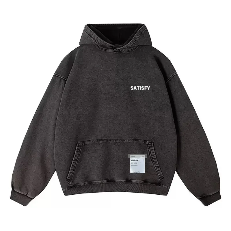 Elf-Adhesive SATISFY Flocking Print Hoodie Sweatshirt Jacket Street Style Loose Fit Long Sleeve for Young Men And Women — image 8