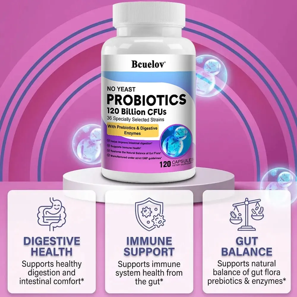 Probiotics 120 Billion CFU 36 Strains + Prebiotics + Digestive Enzymes Gut Digestion & Immune System Support Regulates Mood