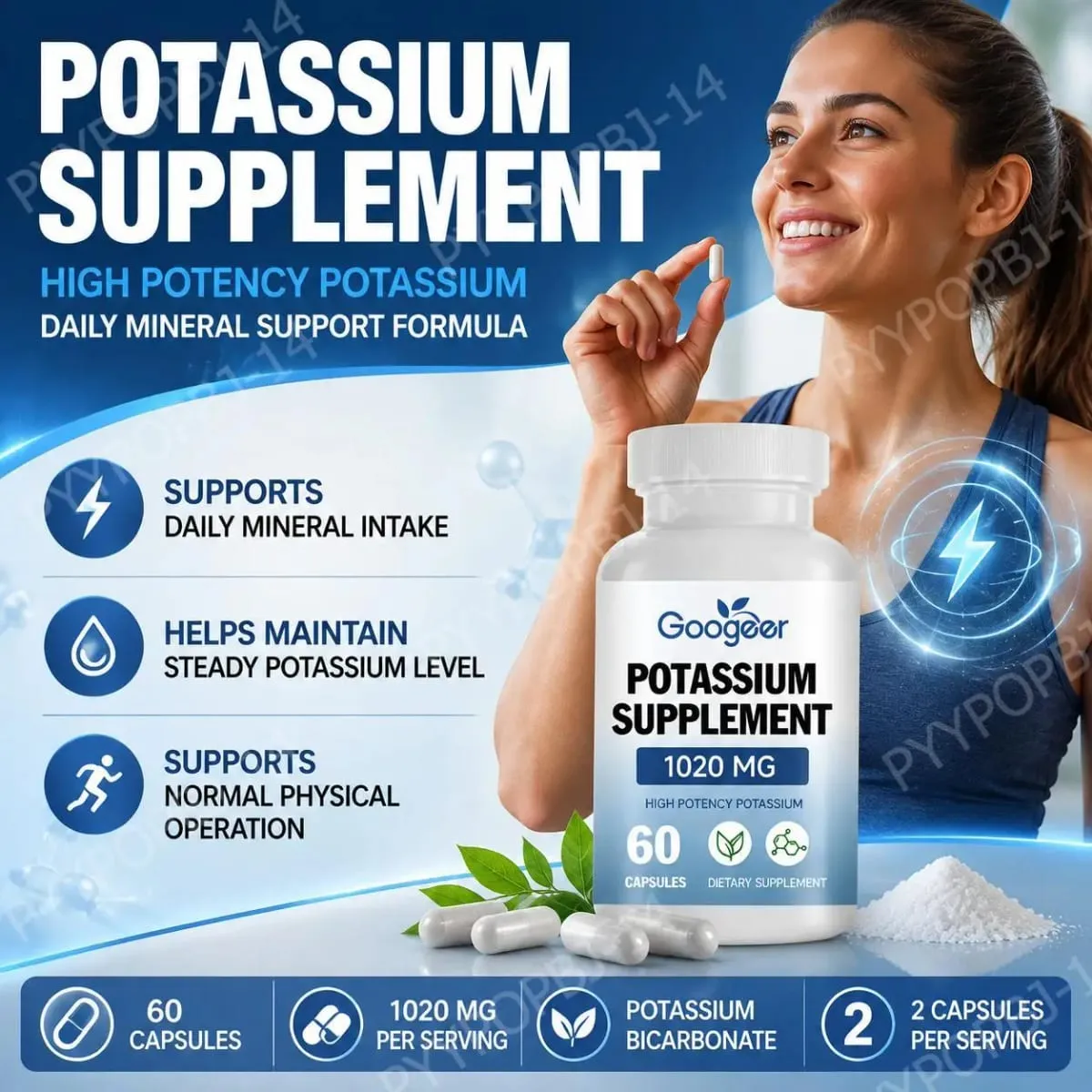 Googeer Potassium Supplement Capsules for Daily Mineral Gap Support 1020 Mg Equivalent Steady Potassium Level 60 Capsules — image 2