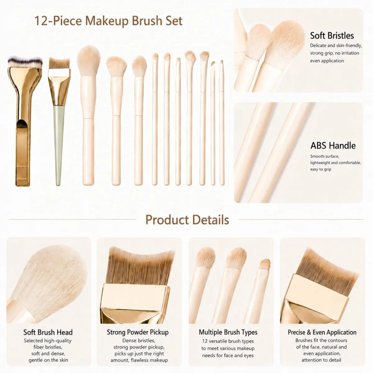 Professional 12PCS Makeup Brush Set with Foundation Brush Powder Brush Eyeshadow Brushes for Face & Eye Makeup