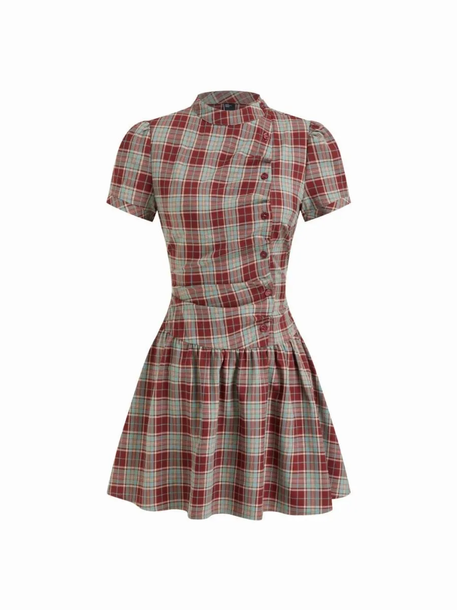 Women's Vintage Plaid A-Line Dress Short Sleeve Stand Collar Button down Pleated Mini Dress Casual Elegant Fashion — image 5
