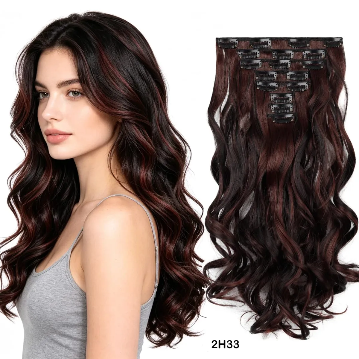 Clip in Hair Extensions Set Full Head 8Pieces With 17clips Synthetic Wavy Hair 20 Inch Matte Heat Resistant Multi Colors
