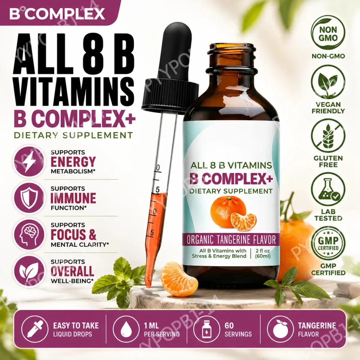 Vitamin B Complex Liquid Drops Supplement Vegan B1 B2 B3 B5 B6 Biotin Folate and Choline Plus Blend for Energy Support 60ml
