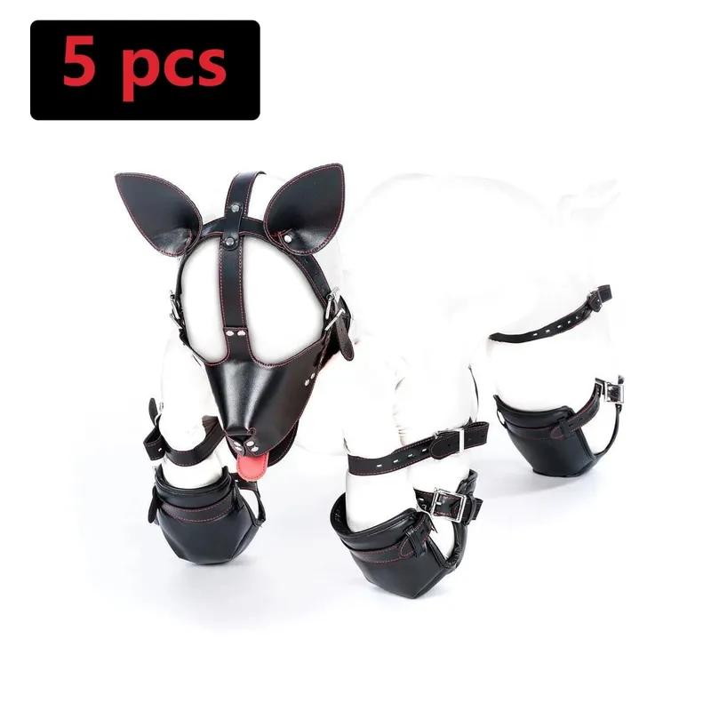 PU Leather Puppy Play Bondage Set Dog Mask Hood Mittens Handcuffs Anklet Collar Leash Chain Restraints BDSM Sex Toys for Couples