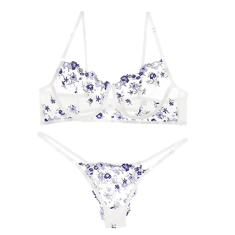 Women Floral Embroidery Sheer Mesh Lingerie Set Underwire Bra and Briefs Adjustable Straps Ladies Intimates Suit — image 9