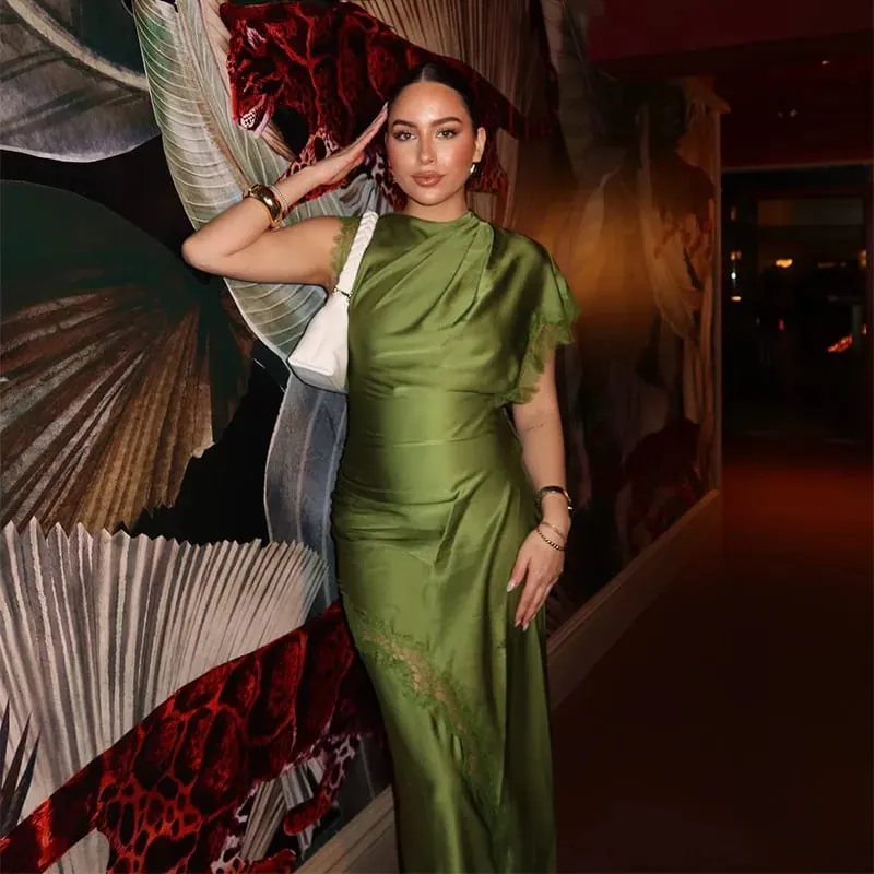2026 Luxury Olive Green Satin Maxi Dress Women Elegant Shawl Design Lace Trim Asymmetrical Hem Ruched Bodycon Formal Dinner Gown
