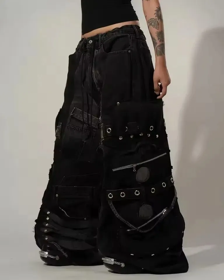 Black Baggy Cargo Jeans Men Women Heavy Multi Pocket Zipper Detail Streetwear Casual Fashion Pants Wide Leg Loose Fit Soft Y2K