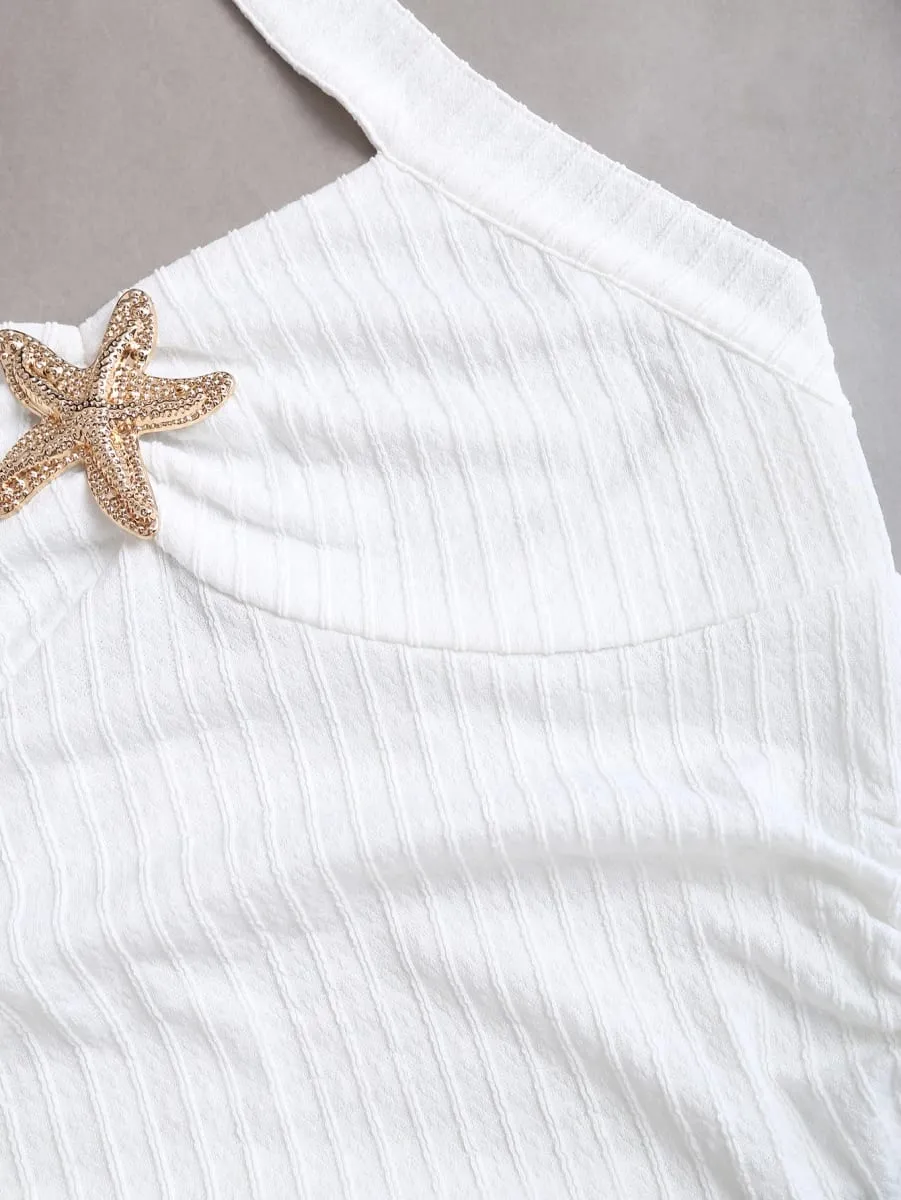 White Halter Neck Mini Dress Women's Ruffled Starfish Embellished Summer Casual Evening Gown — image 4