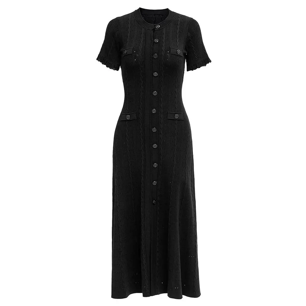 French Style Knitted Long Dress round Neck Hollow out Wooden Edge Skirt Elegant Autumn Luxury Women's Fashion One Piece Dress