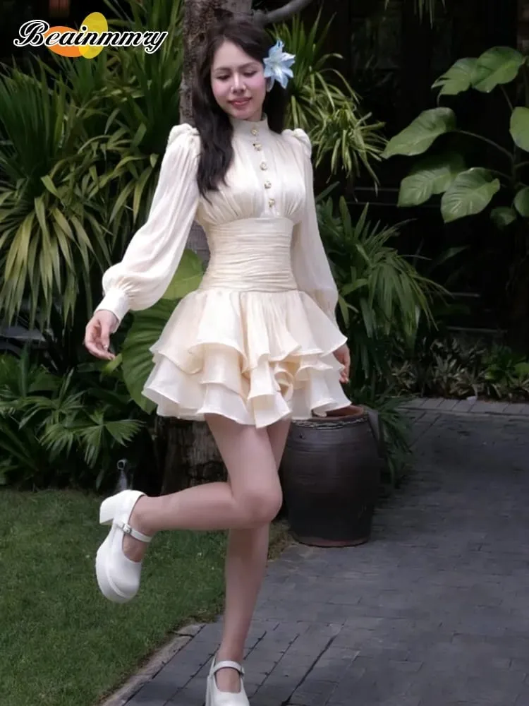 Cream Victorian-inspired Mini Dress Women Puff-sleeve Ruched Tiered Romantic Cottagecore Party Dresses 2026 Trendy Chic Outfit