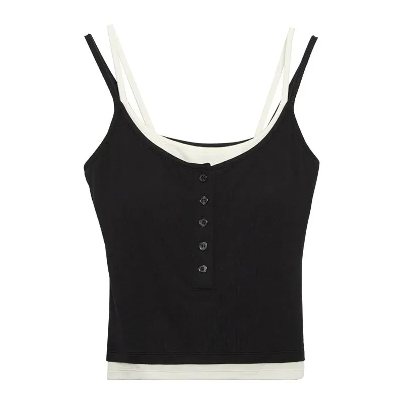 Spicy Girl Fake Two-piece Color Blocking Tank Top with Chest Pad Summer Spaghetti Strap Square Neck Button Casual Slim Fit Camis