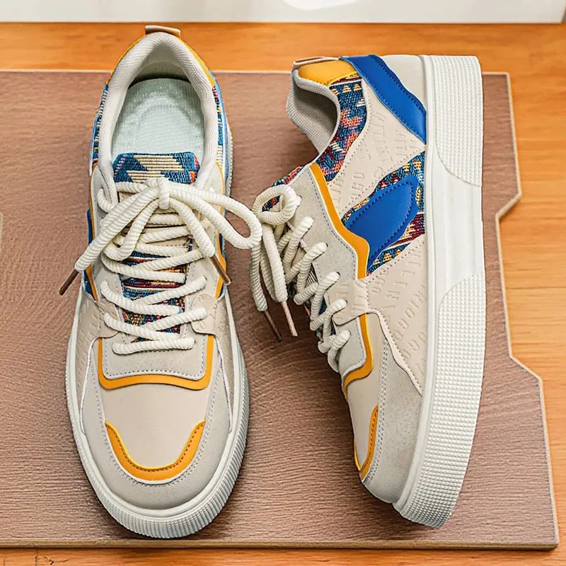 Men's Vintage Patchwork Platform Sneakers - Ethnic Tribal Print Low-Top Casual Shoes Retro Fashion Walking Sneakers for Men