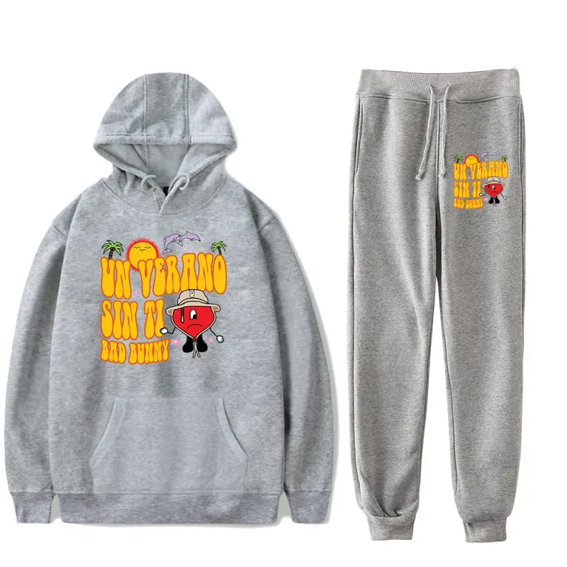 Comfortable Bad Bunny Un Verano Sin Ti logo Rapper Print Sweatshirt Sweatpants Suit Hoodies+Trousers Suit 2 Piece Set Clothes