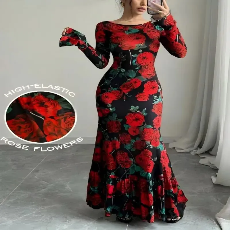 Elegant Rose Printed Maxi Dress O Neck Long Sleeves Bodycon Fishtail Dress Figure Slim Rose Floral Pattern Adds Charm Long Dress — image 2