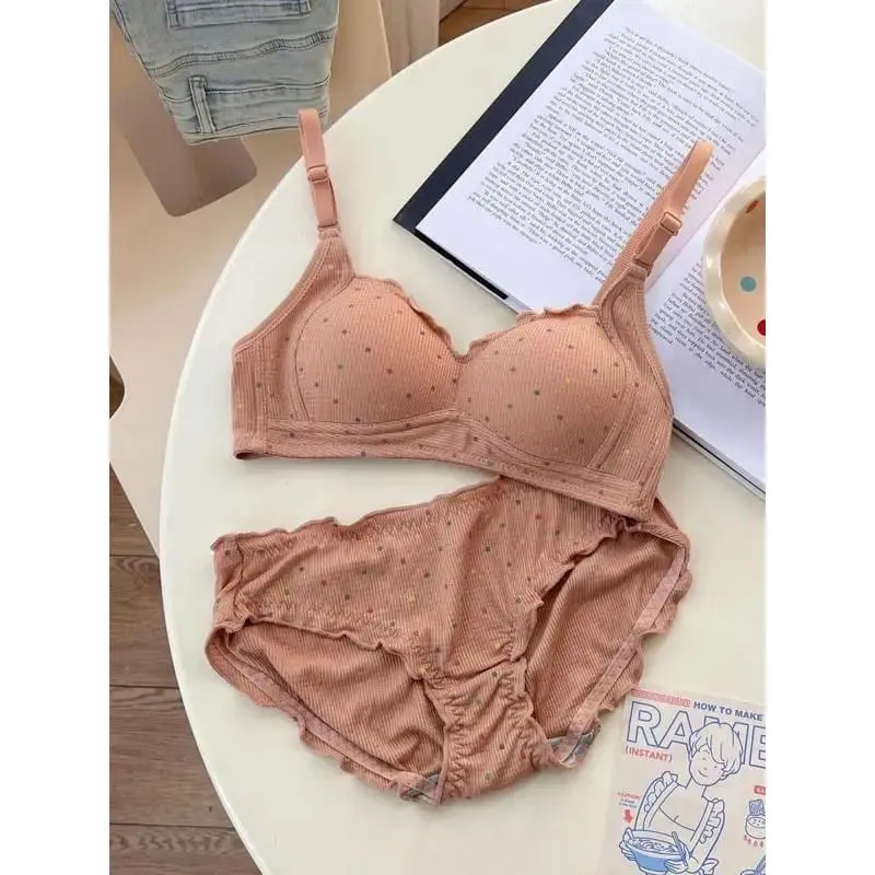 White Polka Dot Wireless Bra for Teens Push Up Bust Retraction Support Non Padded Bralette Set Small Chest Anti Sagging MOYISU