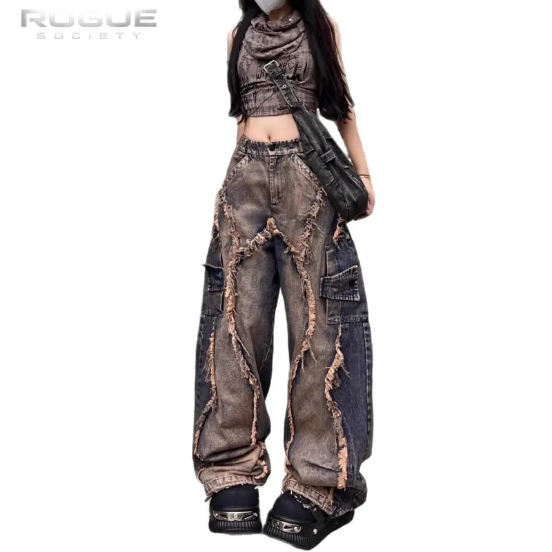 Y2K Grunge Deconstructed Distressed Jeans Unisex Patchwork Washed Wide Leg Denim Pants Hip Hop Streetwear Harajuku Punk Trousers — image 5