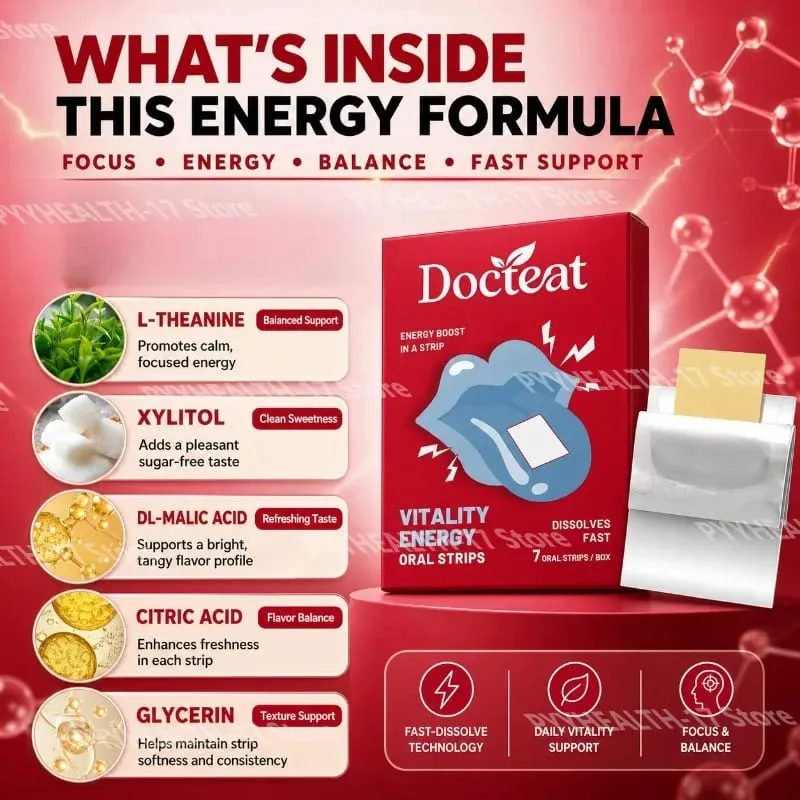 Docteat Vitality Energy Oral Strips Melt-in-Mouth Dissolves Fast L-Theanine No Water Needed Stay Awake Support 7 Strips