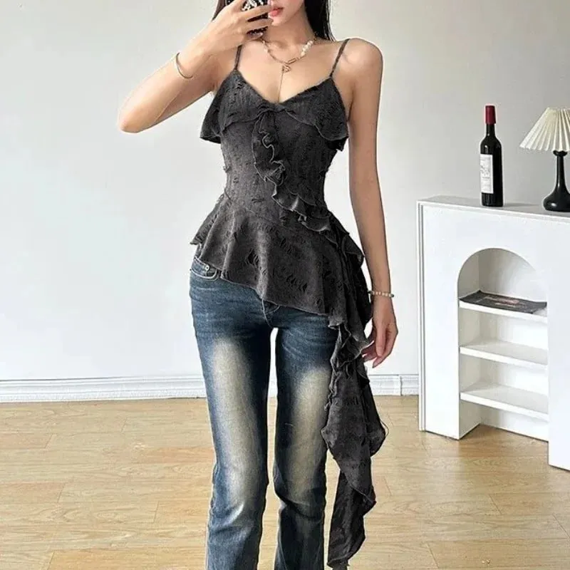 Y2K Hotsweet Women Camisole Gothic Ruffle Tank V-Neck Sleevless Tops Sexy Lady Irregular T-Shirts&Blouses Streetwear All-match — image 3