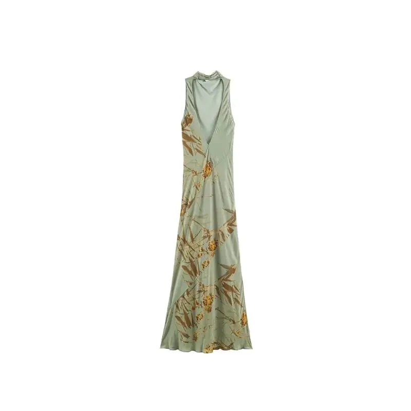 2026 Women Minimalist Outfit Elegant Half High Neck Slim Fit Sleeveless Backless Pleated Printed Sexy Party Club Maxi Dress