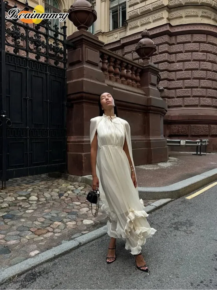 Ruffle Solid Maxi Dress Women Fashion Lapel V-neck Sleeveless Pleated High Waist Dresses 2026 Summer Lady Chic Vacation Robes