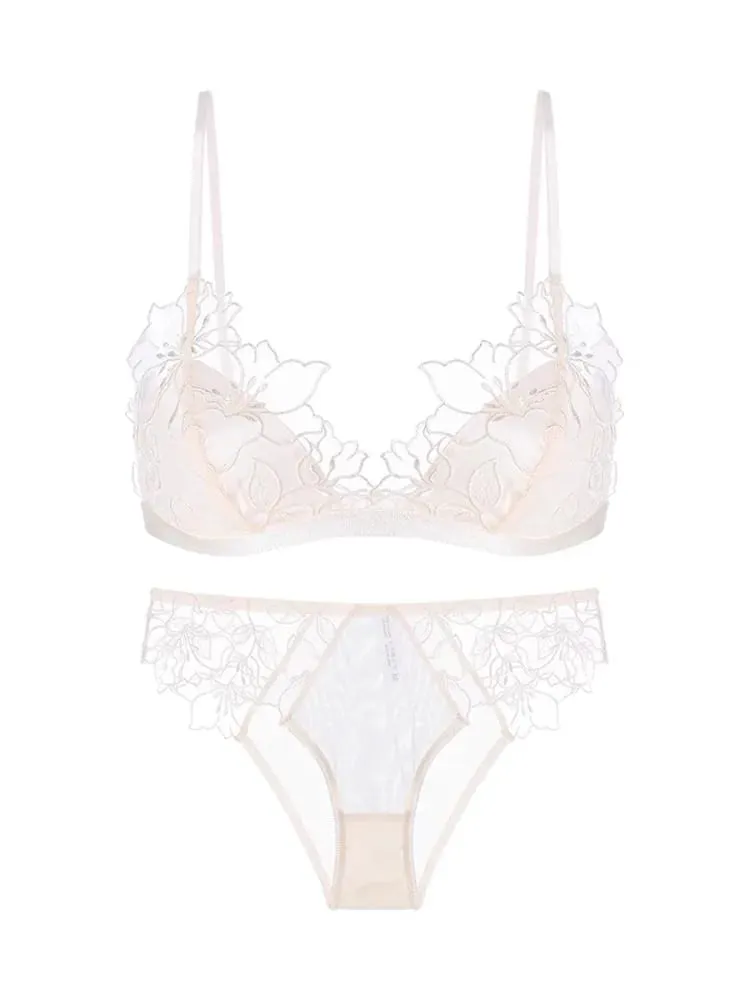 Women's French Embroidered Lace Bralette Set Ultra Thin Sexy Triangle Non Padded Wirefree Bra Small Chest Elegant Straps S-XL — image 2