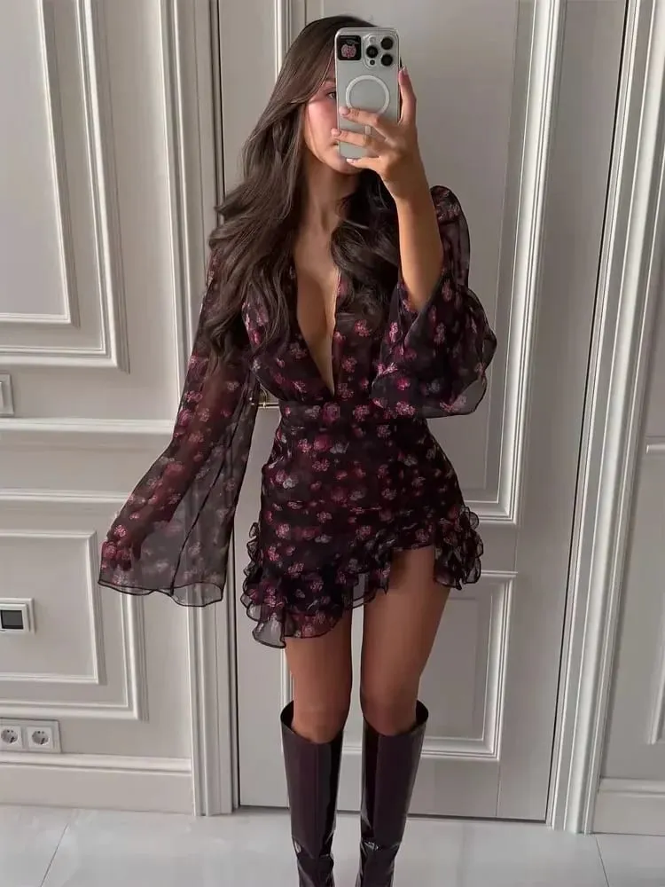 Floral Painted Ruffle Mini Dress Women Elegant Full Sleeve Deep V-neck Slim A-line Short Robe 2026 Lady Vacation Street Gown — image 1