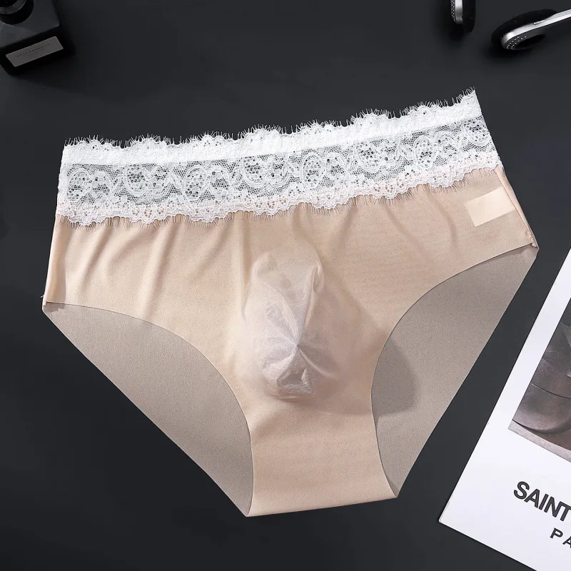 Lace Edge Ice Silk Men's Triangle Pants Traceless Breathable Thin Men's Underwear Low Waist Soft Seamless Comfort Male Briefs