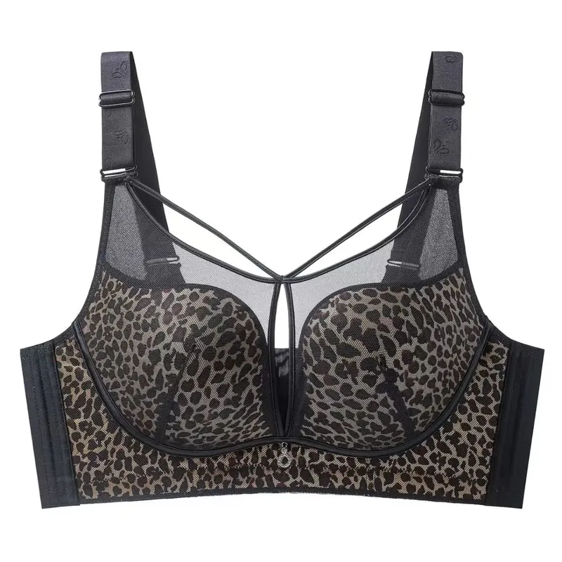 Leopard Print Plus Size Minimizer Bra Wireless Adjustable Gathered Anti-Sagging Supportive Brassiere for Large Bust Women