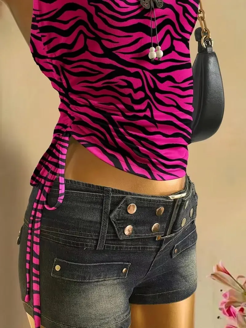 Cropped Top Women's Summer Vacation Pleated Lace Up Leopard Print Vest Sleeveless Zebra Print Top Pink Zebra Print Top