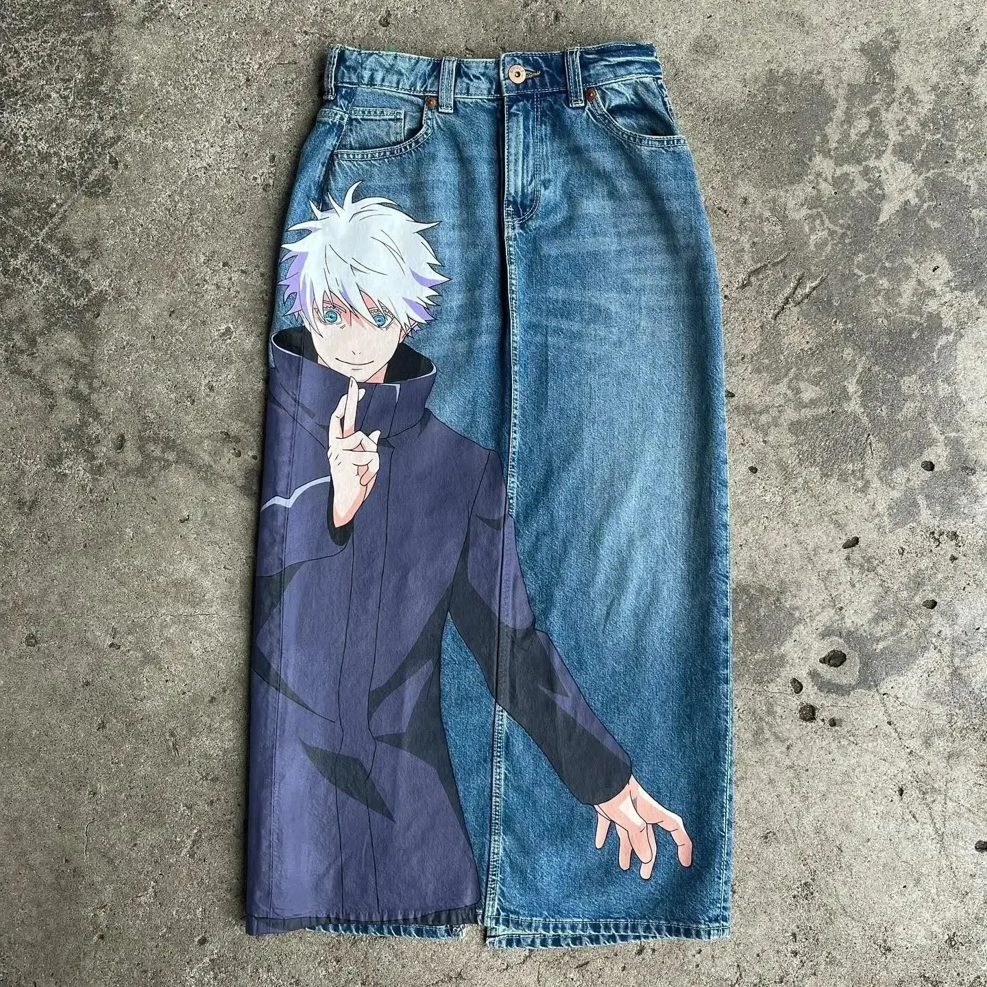 Harajuku anime characters printing jean new wide leg denim pants y2k mens jeans streetwear style couples trouser black jeans