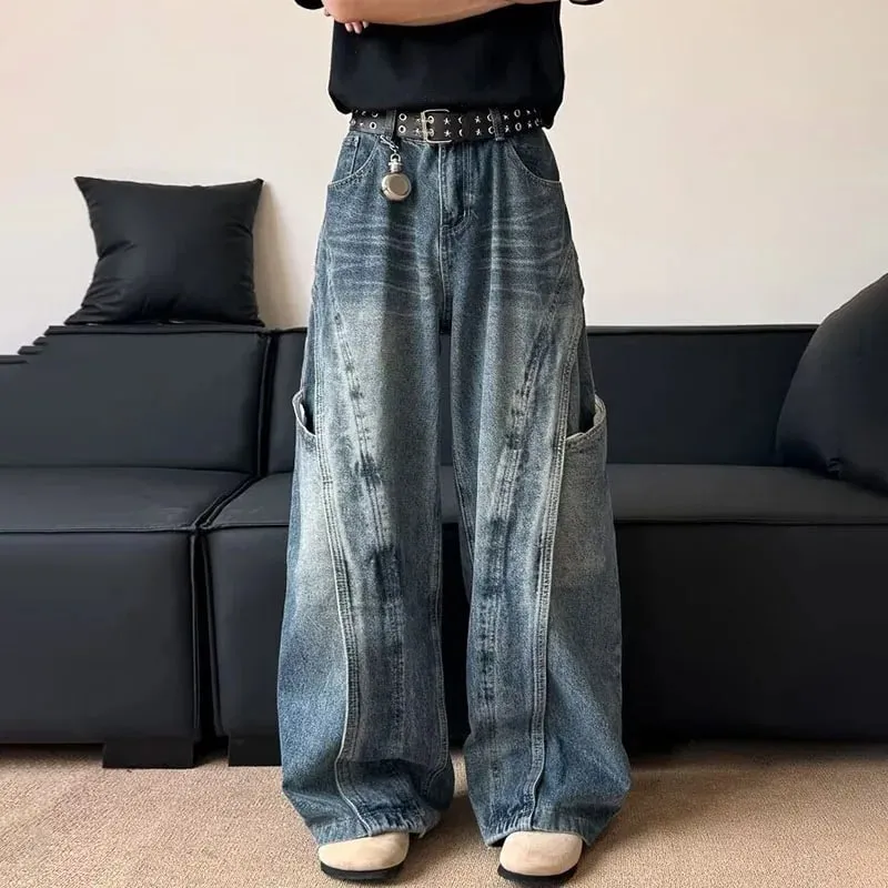 Korean Version Men'S Curved Knife Jeans With Loose Retro Design Straight Leg Pants Casual Large Pocket Wide Leg Pants