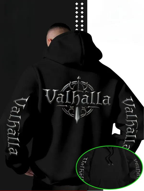 Streetstyle los Viking Valhalla zwaardvormig logo bedrukt sweatshirt met capuchon voor heren, geschikt voor herfst en winter. — image 4