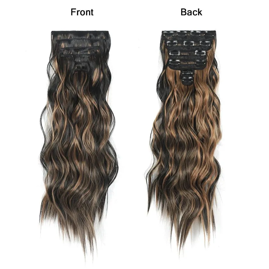 6PCS Clip in Hair Extensions Honey Blonde Mixed Light Brown 24 Inch Long Water Wavy Synthetic Hair Extensions For Women Use — image 3