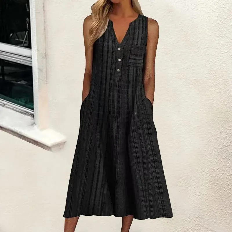 Summer New Women's Dresses V-Neck Sleeveless Button Loose Striped Print With Pocket Casual Beach Dresses — image 4