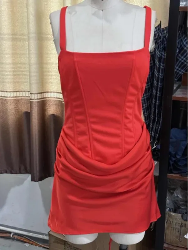 Sexy Slim Fishbone Mini Dresses Women's 2026 Summer Solid V-neck Pleated Sleeveless Bodycon Dress Fashion Lady Party Club Gowns