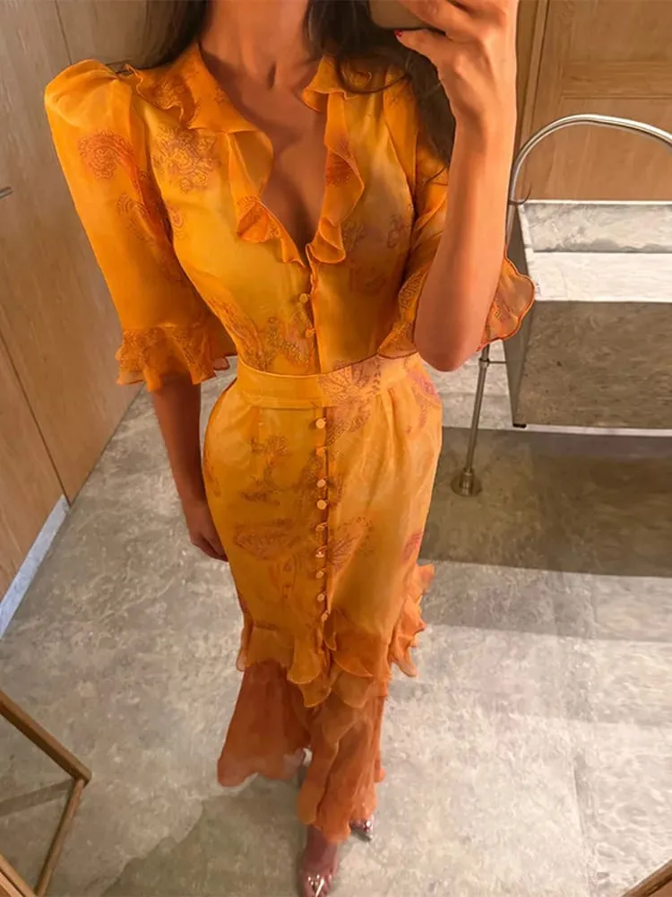 Elegant Ruffle Women's Long Dresses V Neck Half Sleeve Button Waist Cinching Pleated Dress 2026 Spring Lady Fashion Party Robes