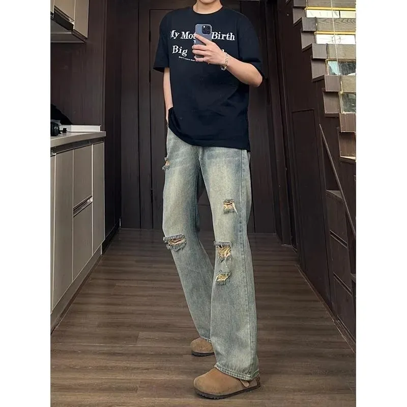 Man Pants Mens Jeans Baggy Jeans Distressed Loose Straight Leg Summer Retro High Street Casual Trousers For Men — image 4