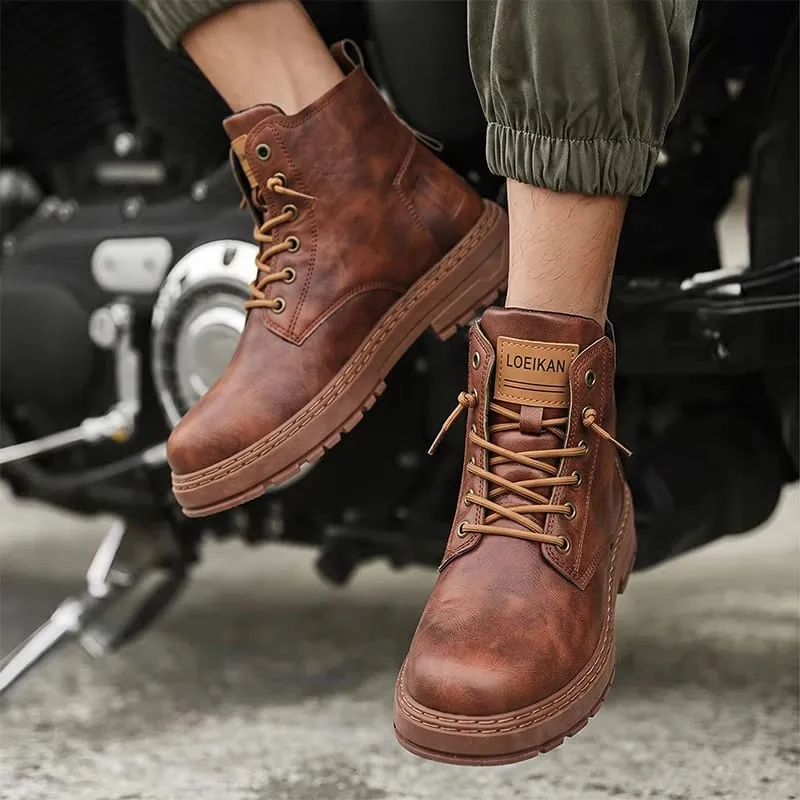 Men High‑top Casual Boots Faux Leather Lace‑up Thick Non‑slip Block Sole Stitched Detail For Urban Street Daily Outing