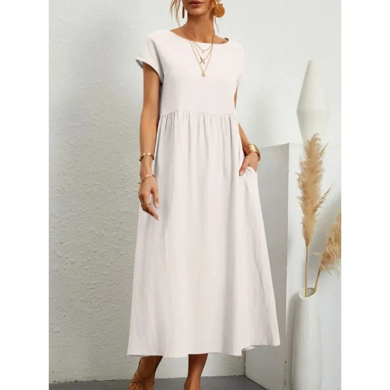 Premium Elegant Solid Cotton Linen Dress Summer Midi with Pockets Loose Fit Casual Crew Neck Short Sleeve for Beach Travel — image 16