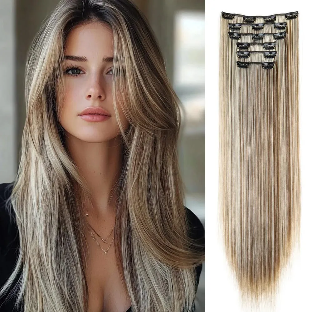 Black Hair Extensions 24"/60cm 6pcs/set Women Long Straight Synthetic Full Head Clip 16 Clips Ombre Heat Resistant Fiber Hair