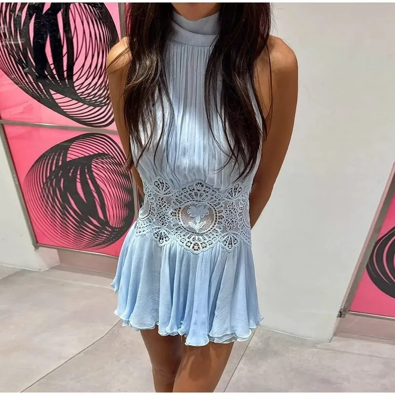 Halter Neck Ribbed Knit Lace Waist Cutout Back Skater Mini Dress Sleeveless Contrast Lace 2026 Summer Women Party Mini Dress — image 8