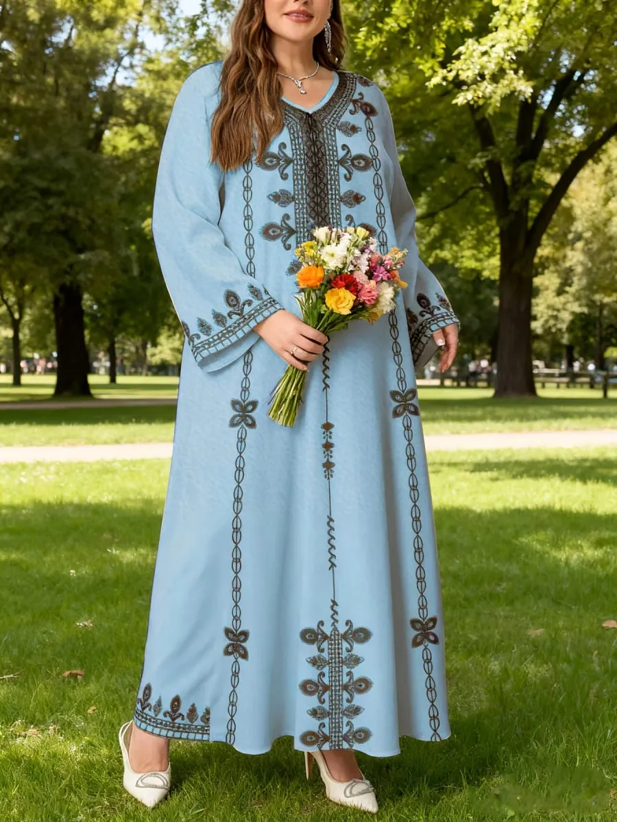 Middle Eastern Elegant Robe New Spring and Autumn Style Plus-Size Fashion Women's Clothing Ethnic Print Stylish Loose and Comfortable Holiday Style Long-Sleeve Dress