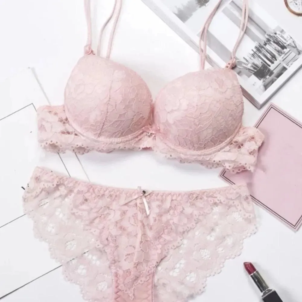 Comfortable Mesh Lace Flower Bra Low Waist Bowknot Push Up Bra Women Non Slip Lingerie Seamless Underwear Set Girl