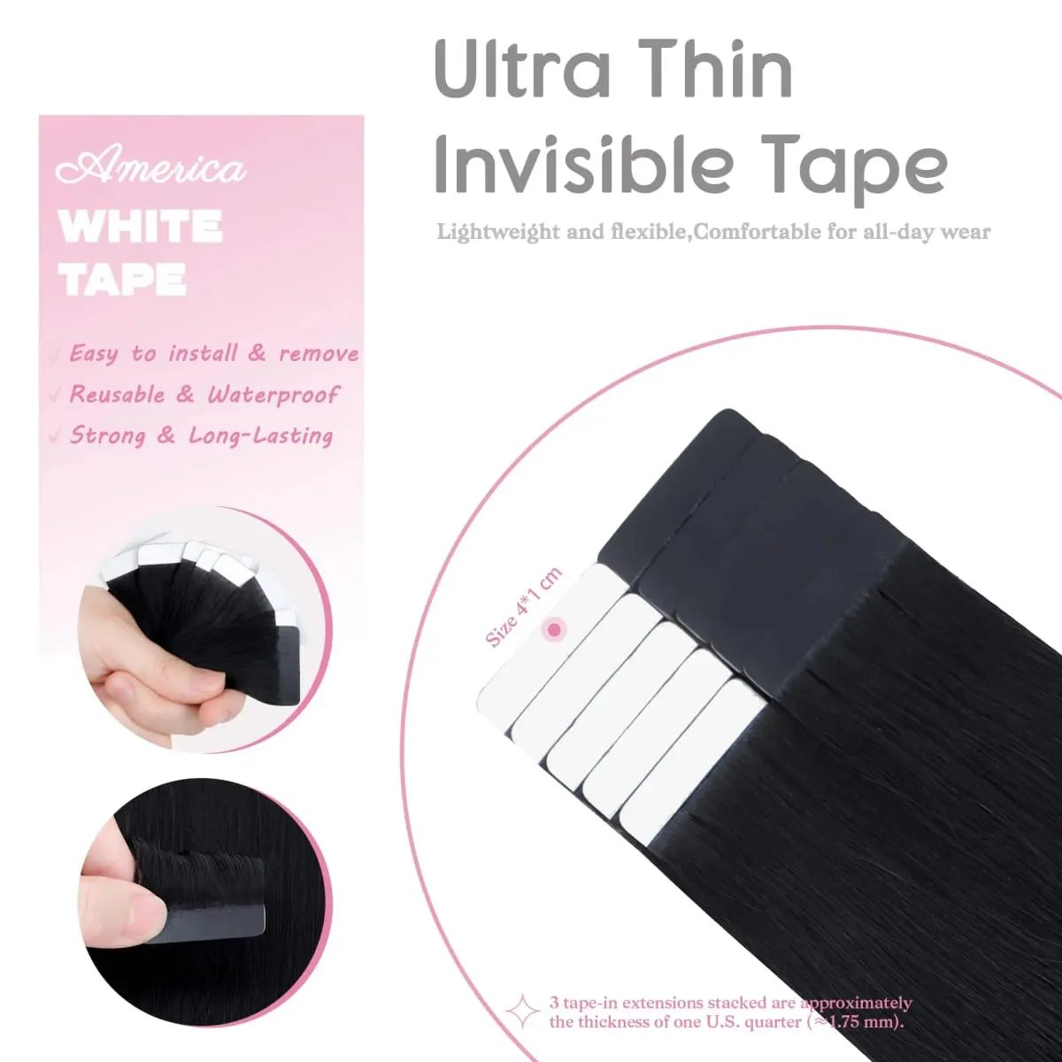 Tape in Hair Extensions Human Hair #1B 26Inch Invisible Seamless Tape for Hair Extensions Tape Ins Glue in Remy Human Hair for Women