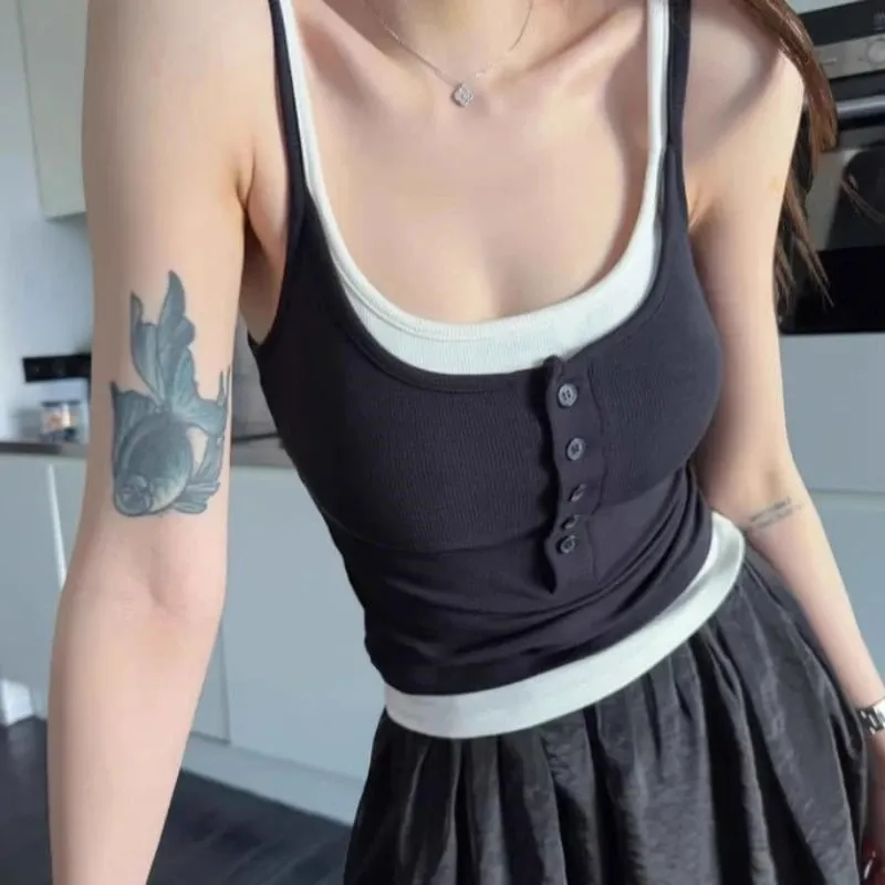 Spicy Girl Fake Two-piece Color Blocking Tank Top with Chest Pad Summer Spaghetti Strap Square Neck Button Casual Slim Fit Camis — image 4