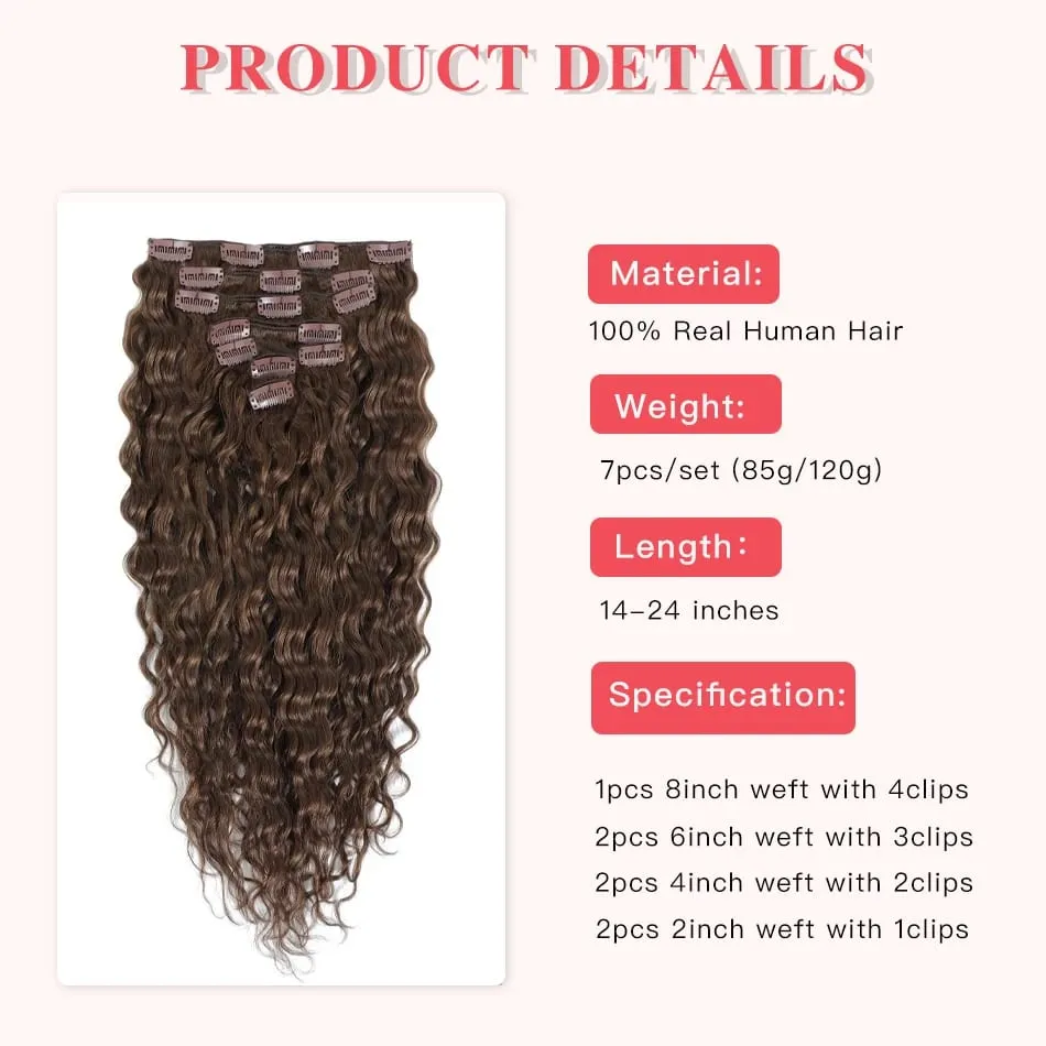 12A Curly Clip in Hair Extensions Brown Water Wave Real Remy Human Hair Clip in Extensions for Women Curly Clip Ins 7pcs 120g — image 2