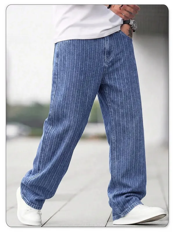 Men Vertical Thin Stripe Jacquard Baggy Denim Pants Classic Blue Loose Wide Leg Straight Leg Vintage Washed Jeans — image 8